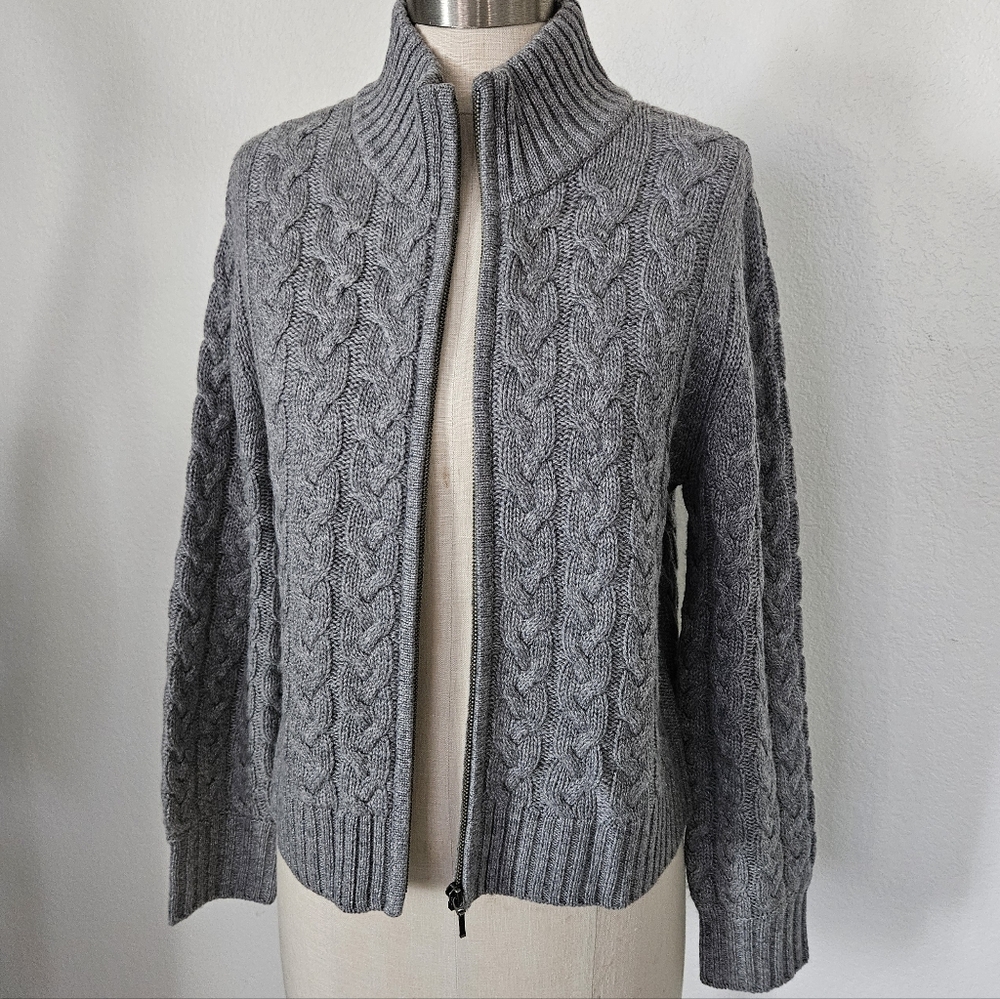 Forte Cashmere Womens Cable Zip Mock Wool & Cashmere-Blend Cardigan, Grey - Picture 3 of 11
